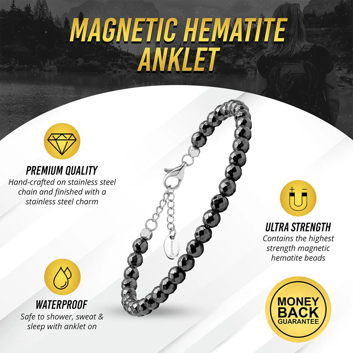 Hematite Magnetic Anklet (6mm Faceted Beads) - Image 3