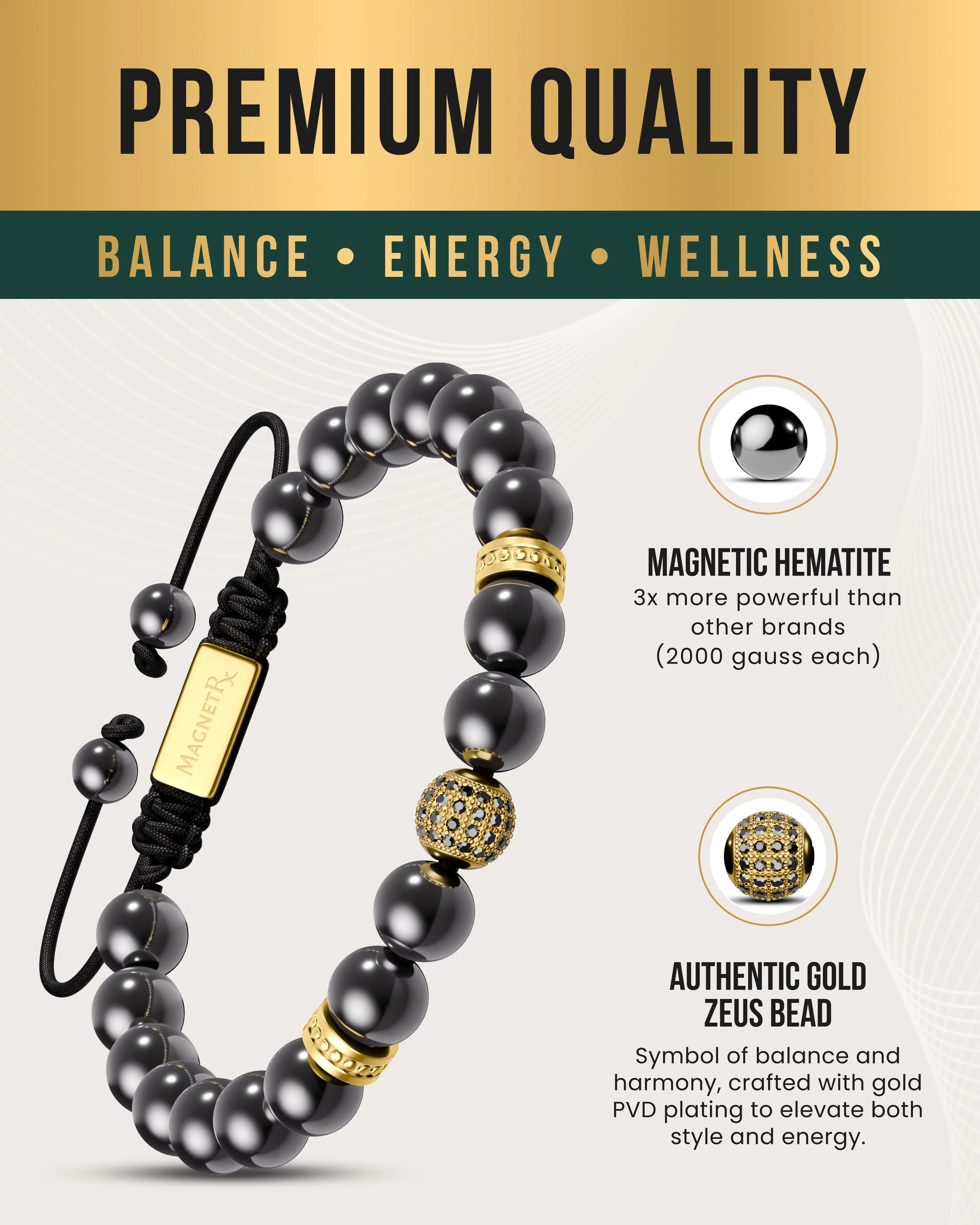 High Power Magnetic Hematite Bracelet Gold Zeus - Image 4