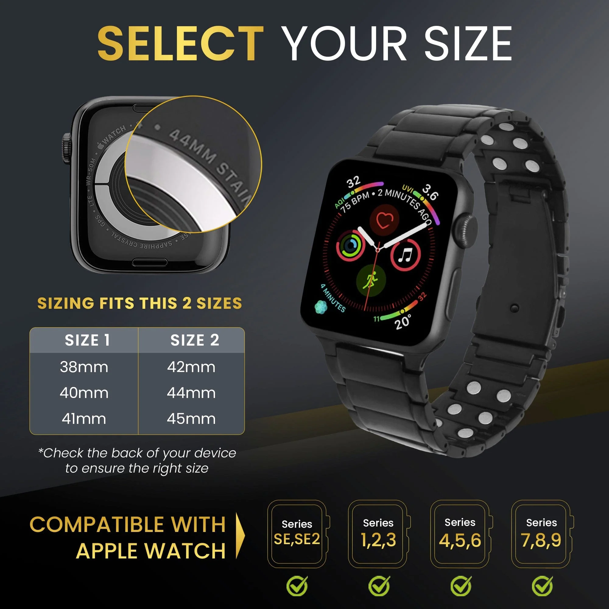 Magnetic Therapy Apple Watch Band Black Stainless Steel - Image 5