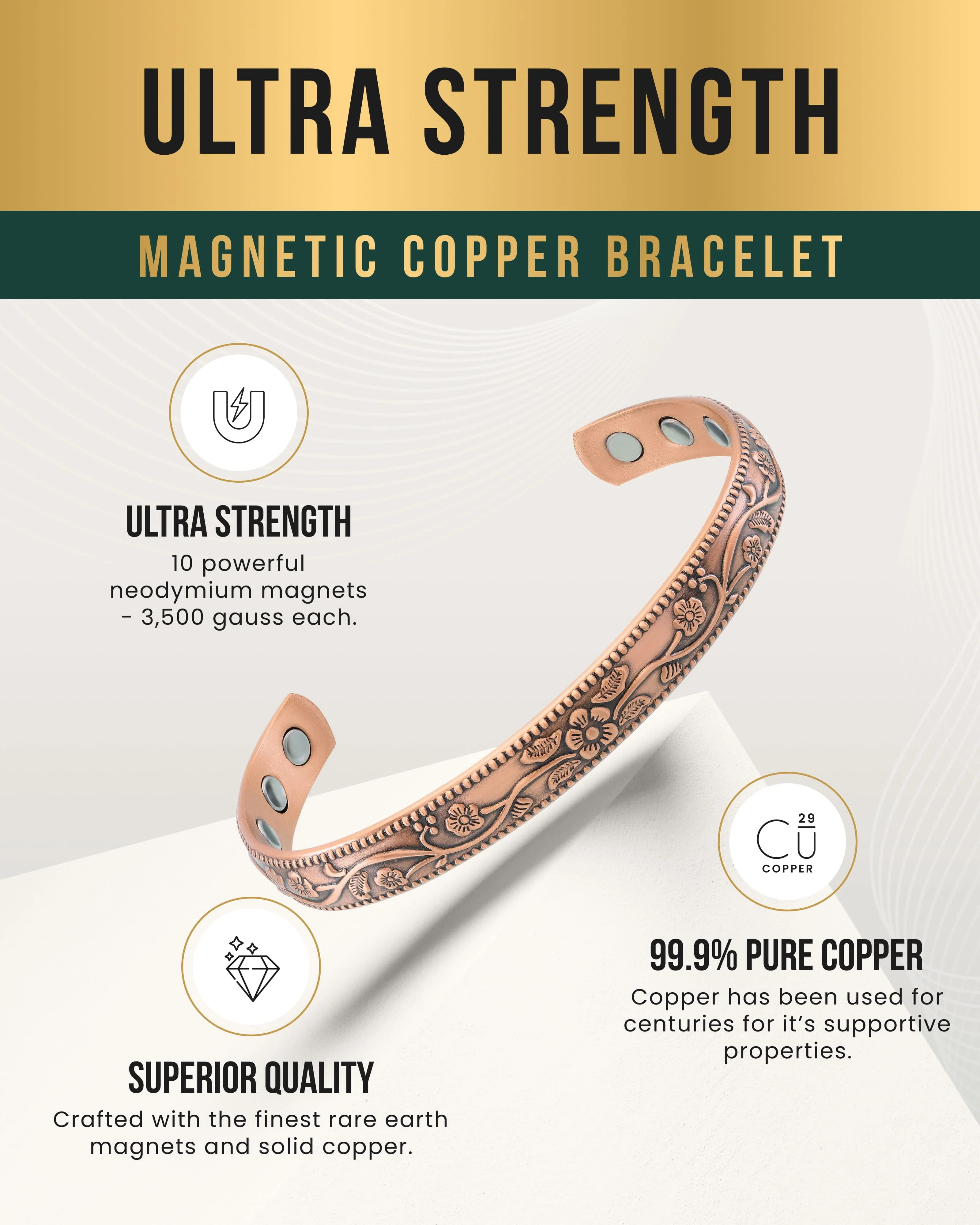 Women’s Floral Style Copper Magnetic Therapy Bracelet Bangle - Image 4