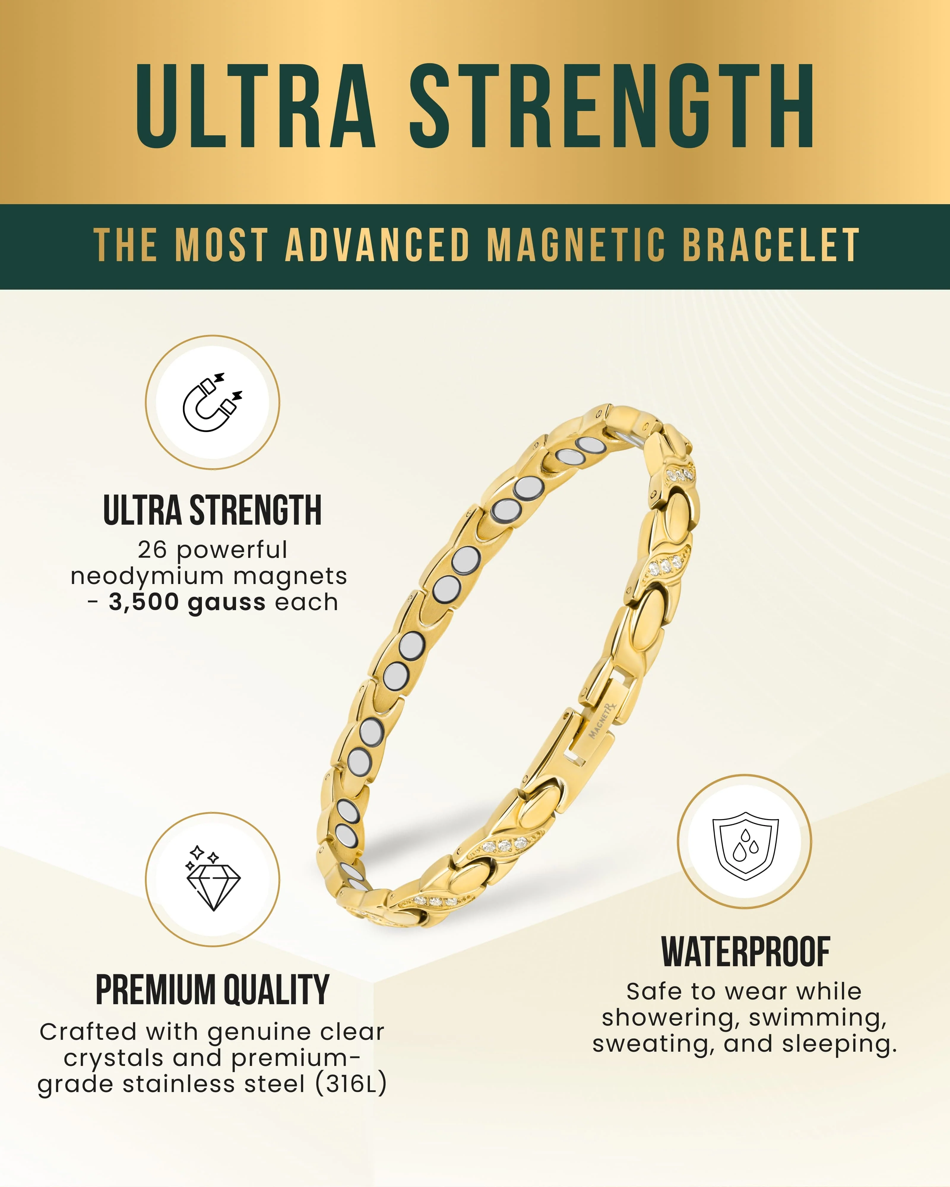 Women's Ultra Strength Magnetic Bracelet Crystal XO (Gold) - Image 3