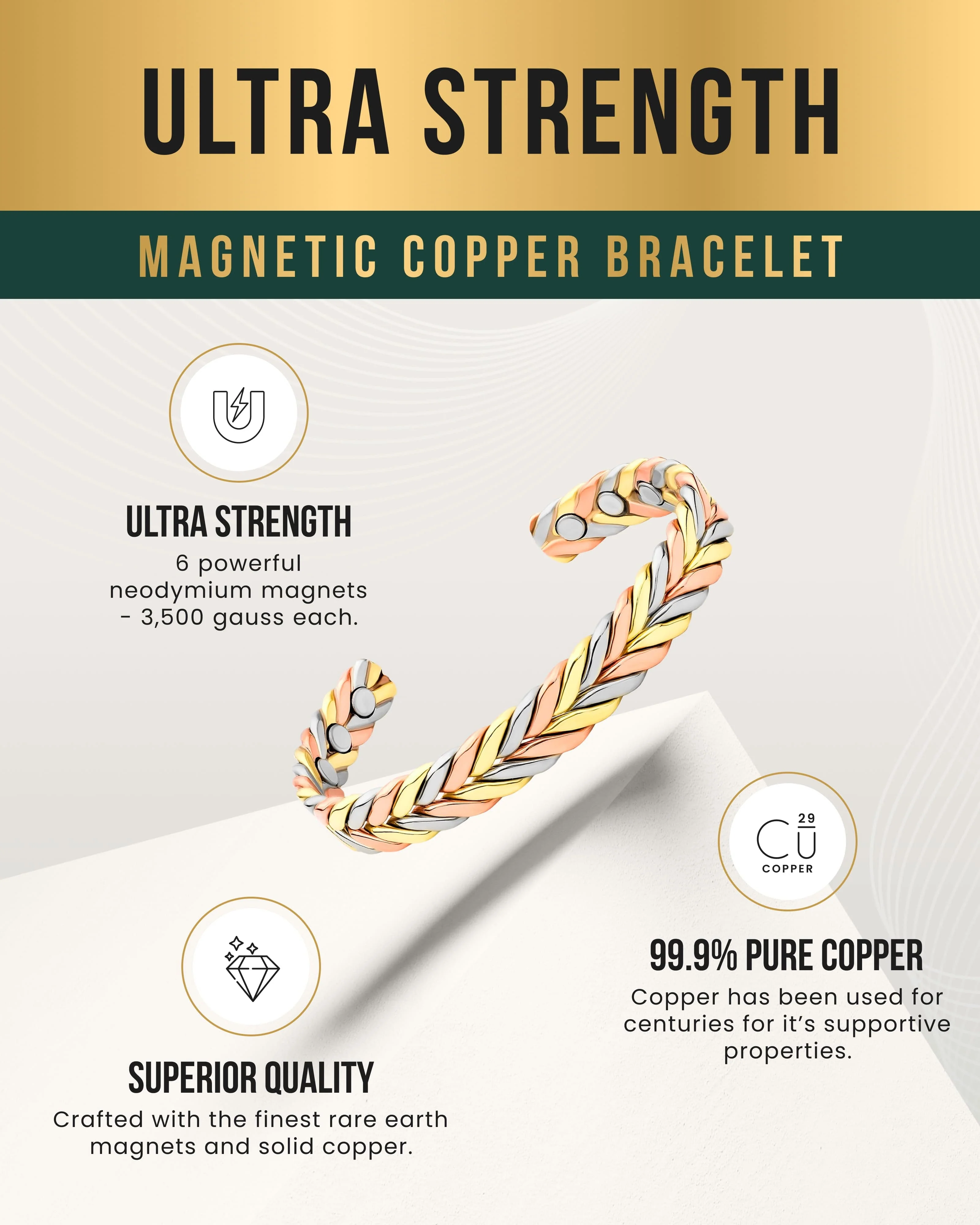 Woven Tri-Tone Magnetic Therapy Bracelet Cuff - Image 4